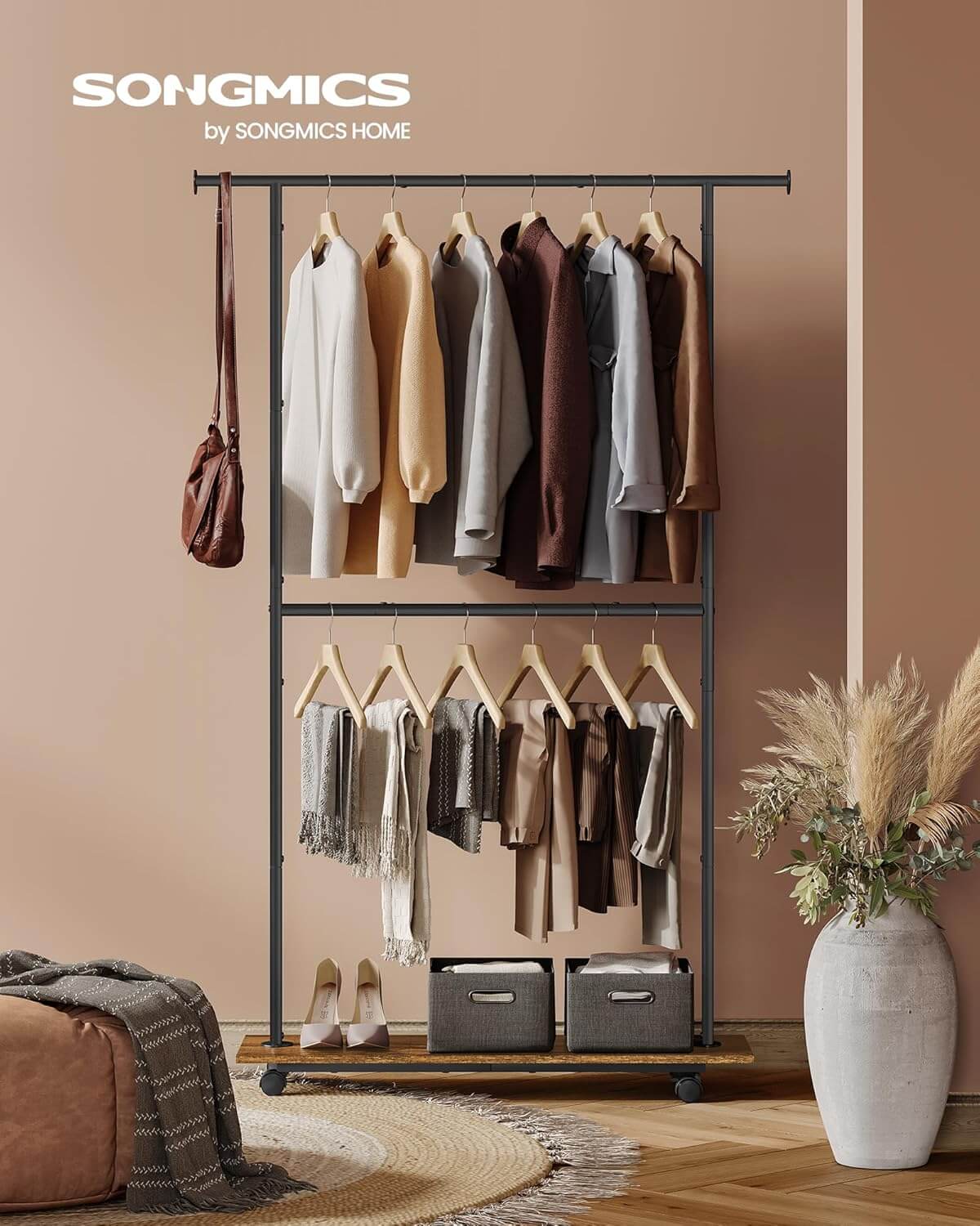 Songmics Τροχήλατη Κρεμάστρα Δαπέδου με 2 Ράγες - Ράγα Ρούχων - 35 x 98.5 x 180.3 cm - Vintage Brown / Ink Black - HSR153B01