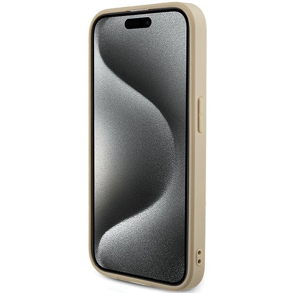 Guess iPhone 15 Pro Max Saffiano Iridescent Script Σκληρή Θήκη με Επένδυση Συνθετικού Δέρματος και Πλαίσιο Σιλικόνης - Gold - GUHCP15XPSAIRSD