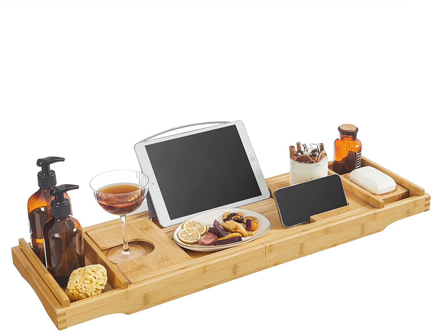 Songmics Επεκτεινόμενη Βάση από Μπαμπού για τη Μπανιέρα και Θήκη Σαπουνιού - Natural - BCB88Y