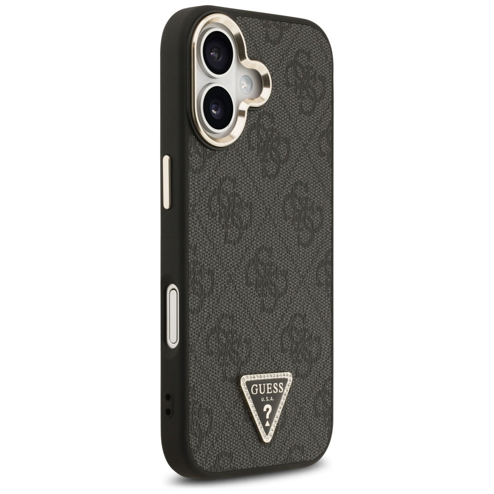 Guess iPhone 17 - 4G Triangle Strass Logo MagSafe - Σκληρή Θήκη με Επένδυση Συνθετικού Δέρματος - Black / Gold - GUHMP17SP4GTDGMK