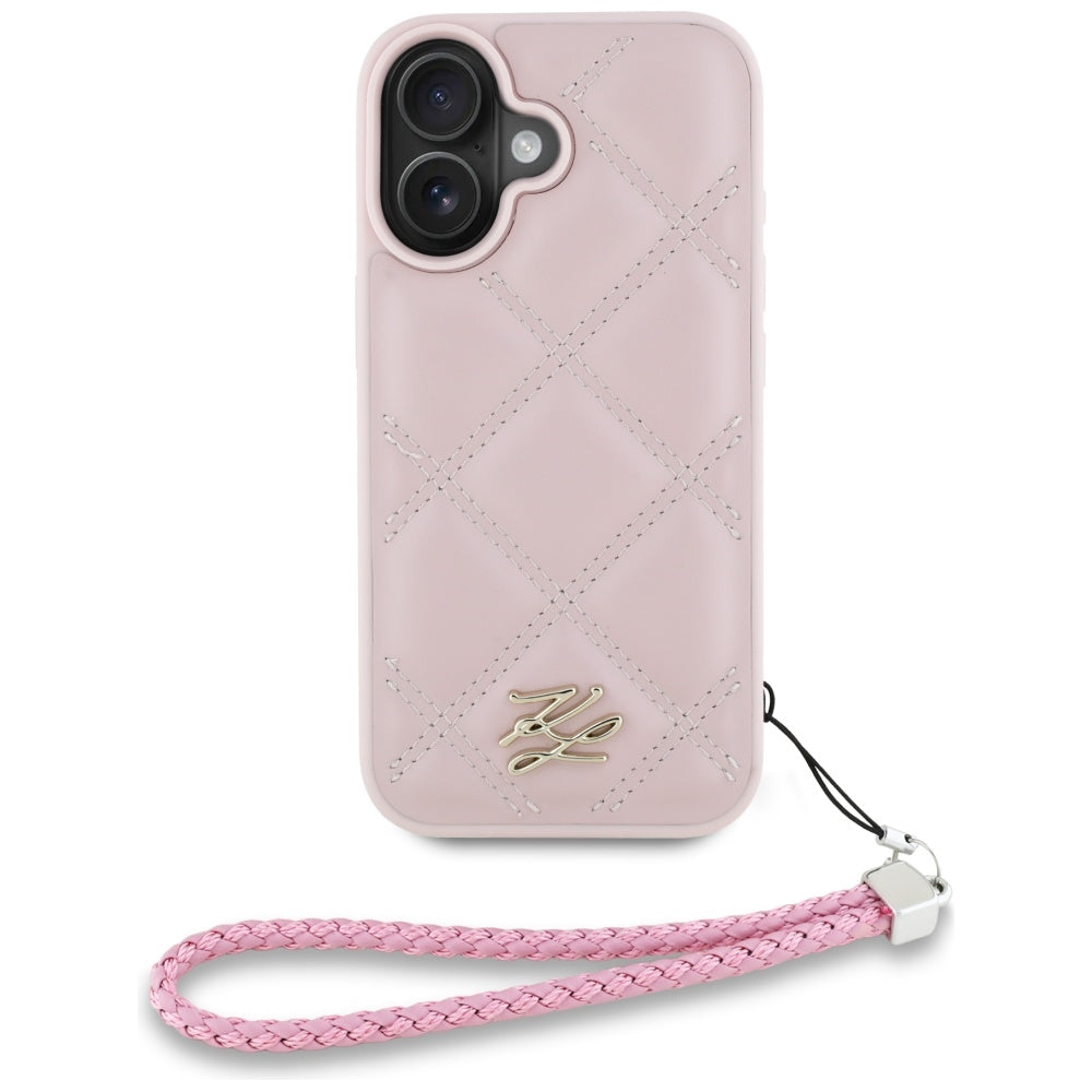 Karl Lagerfeld iPhone 16 - Quilted Initial Logo and Chain Strap - Θήκη με Επένδυση Συνθετικού Δέρματος και Λουράκι - Pink - KLHCP16SPSQSKLSMSP