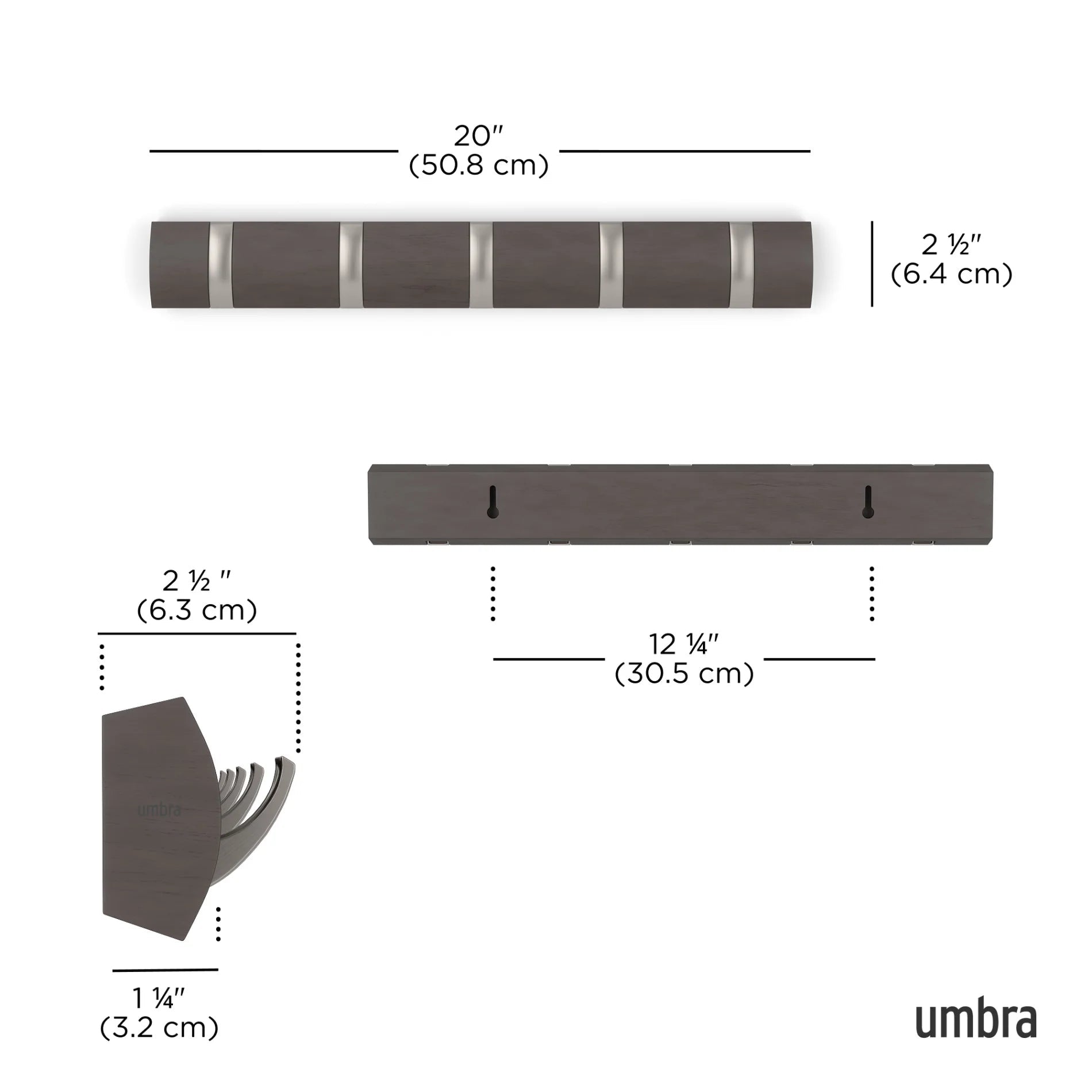 Umbra Επιτοίχια Ξύλινη Κρεμάστρα με 5 Γάντζους - Flip - Driftwood / Nickel