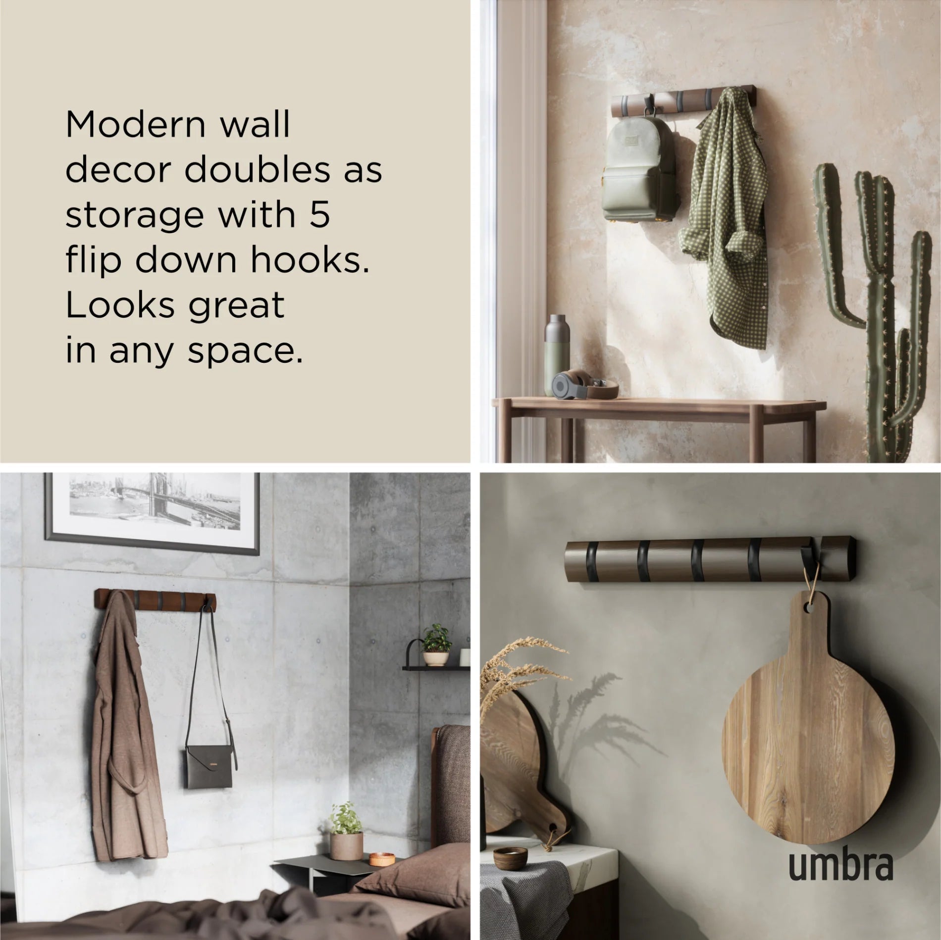 Umbra Επιτοίχια Ξύλινη Κρεμάστρα με 5 Γάντζους - Flip - Walnut / Black
