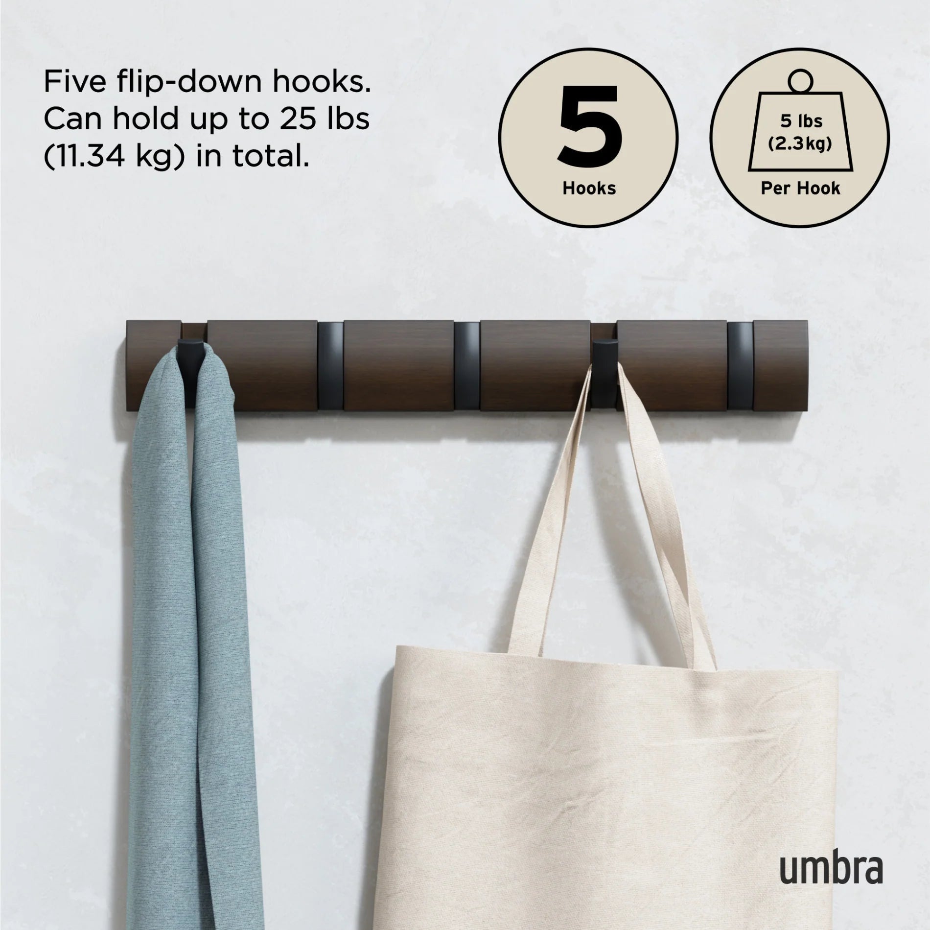 Umbra Επιτοίχια Ξύλινη Κρεμάστρα με 5 Γάντζους - Flip - Walnut / Black