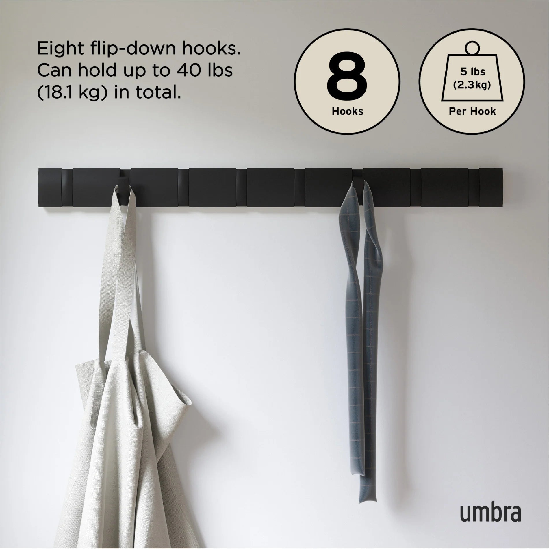 Umbra Επιτοίχια Ξύλινη Κρεμάστρα με 8 Γάντζους - Flip - Black / Black