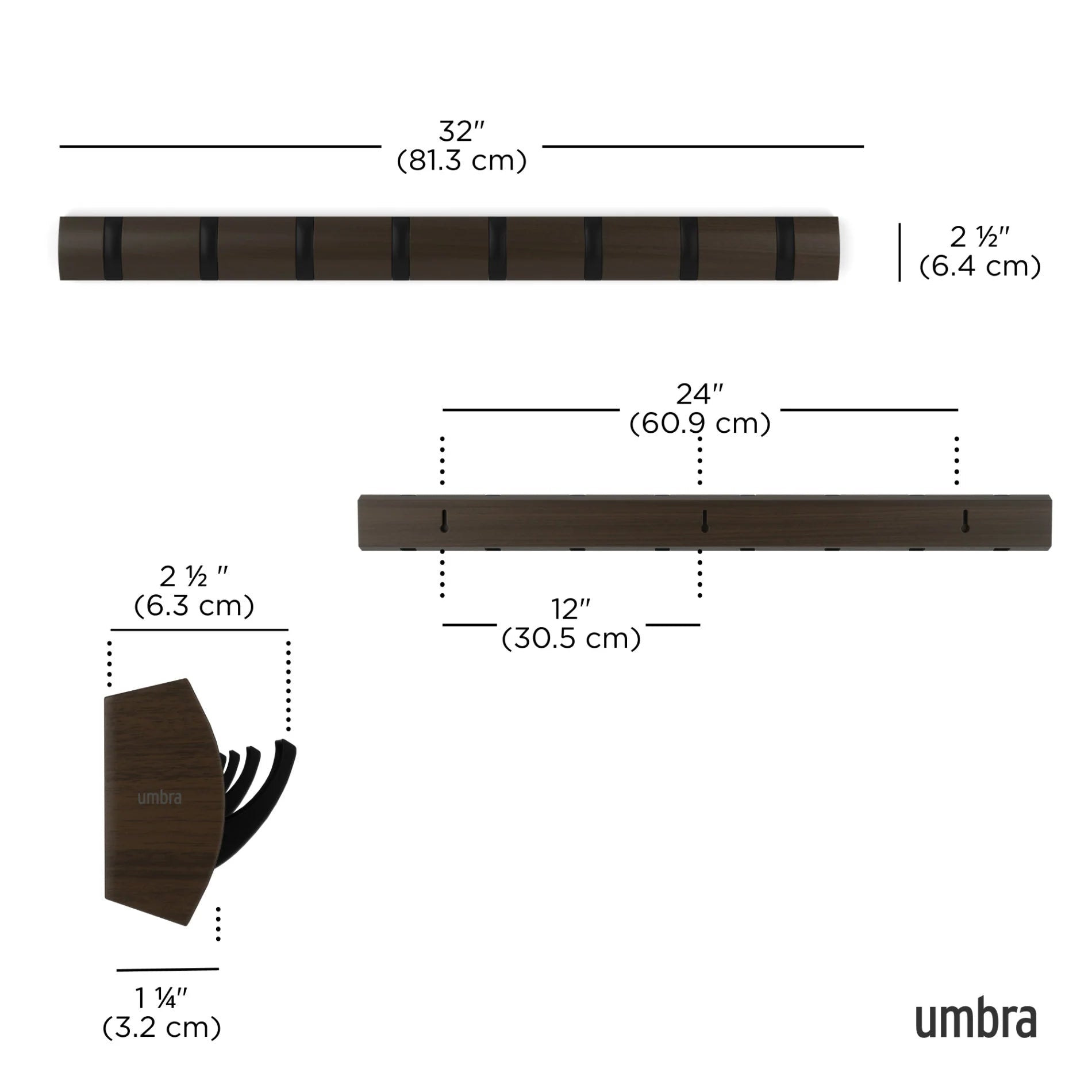 Umbra Επιτοίχια Ξύλινη Κρεμάστρα με 8 Γάντζους - Flip - Walnut / Black