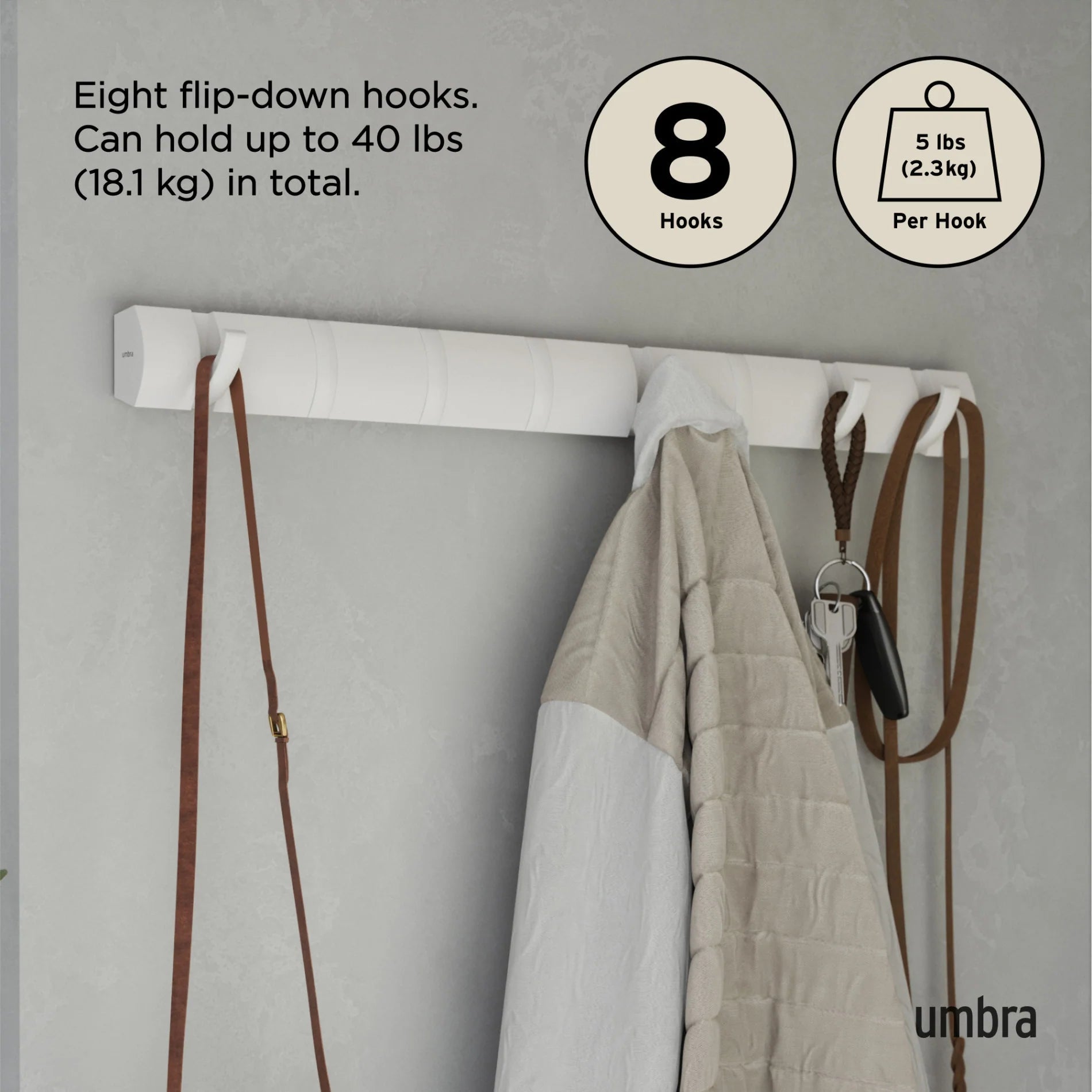 Umbra Επιτοίχια Ξύλινη Κρεμάστρα με 8 Γάντζους - Flip - White / White