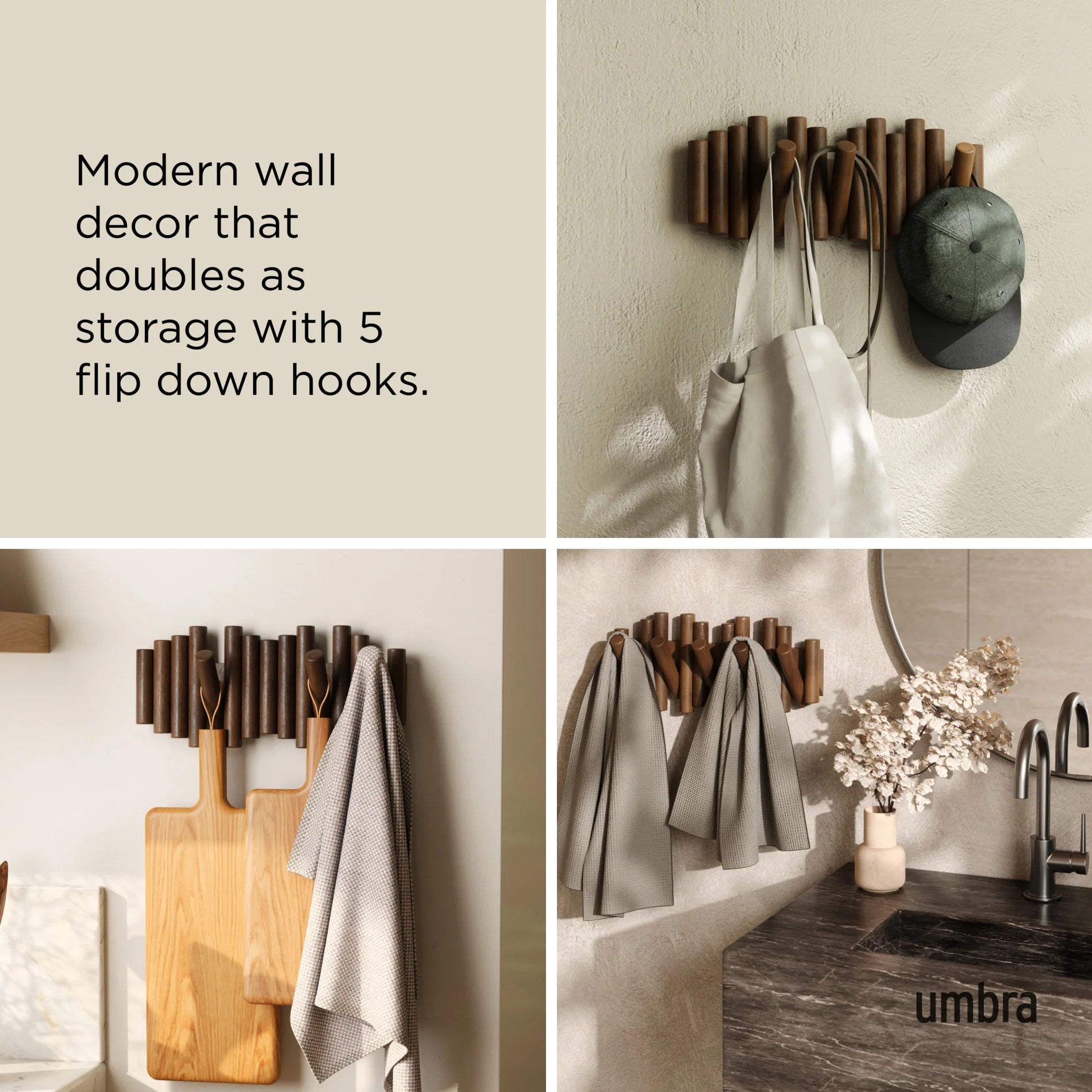 Umbra Ξύλινη Επιτοίχια Κρεμάστρα με 5 Αναδιπλούμενους Γάντζους - Picket - Aged Walnut