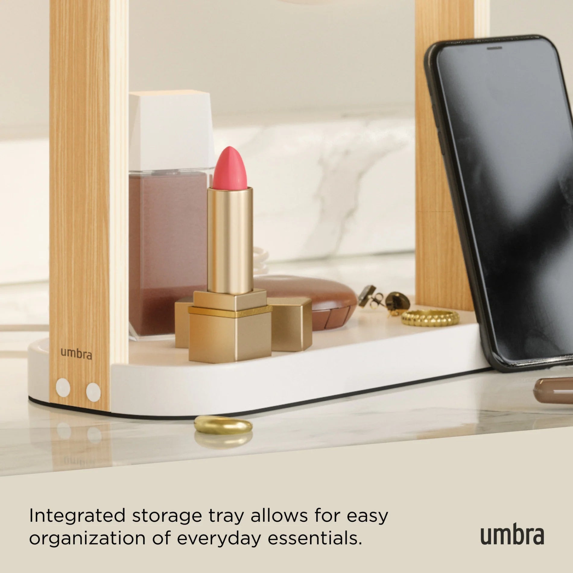 Umbra - Περιστρεφόμενος Φωτιζόμενος Καθρέπτης LED με Αισθητήρα Αφής και Μεγεθυντικό Καθρέπτη - Bellwood - White / Natural