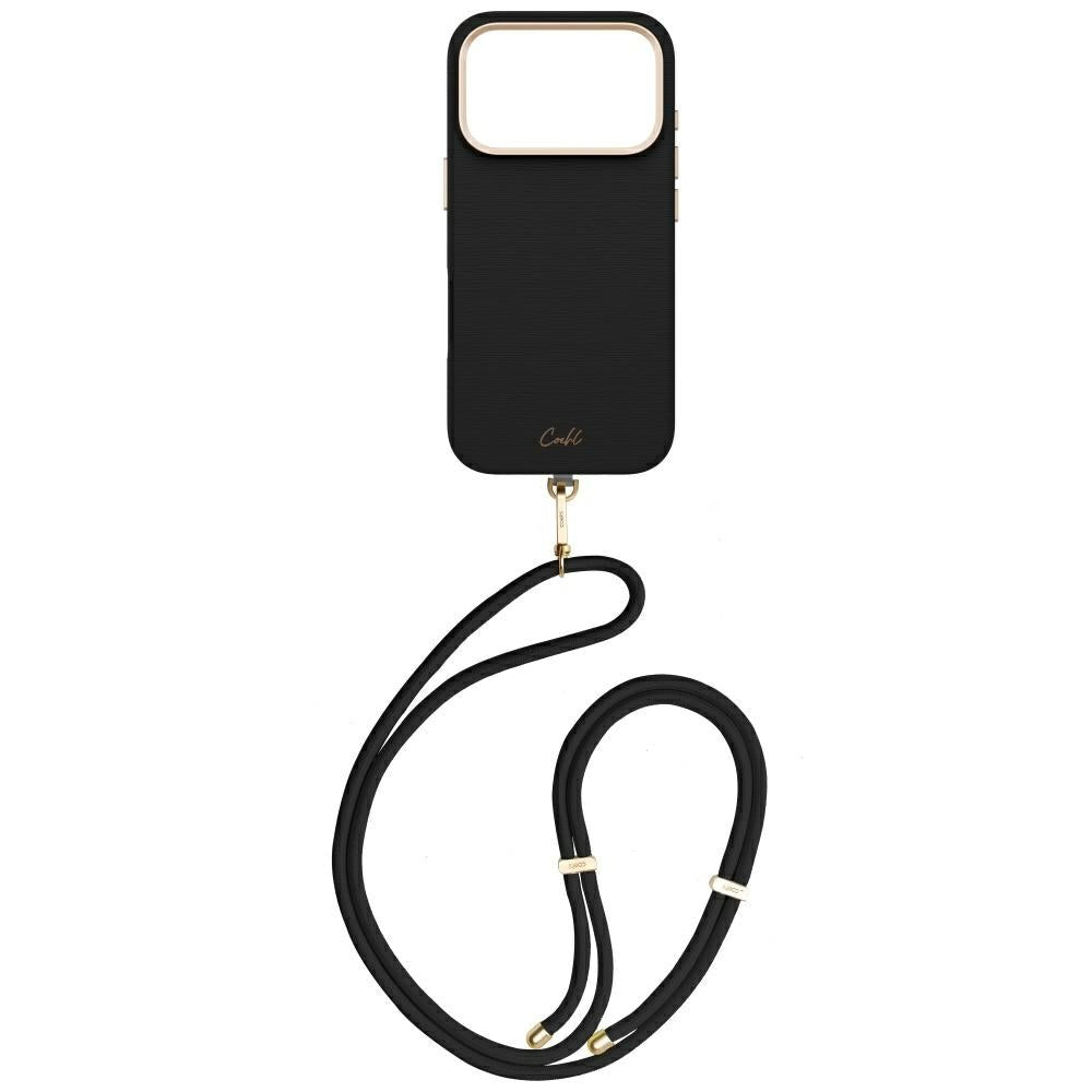 Uniq iPhone 17 Pro - Σκληρή Θήκη MagSafe με Επένδυση από Οικολογικό Δέρμα και Λουράκι - Coehl Mirelle - Ebony