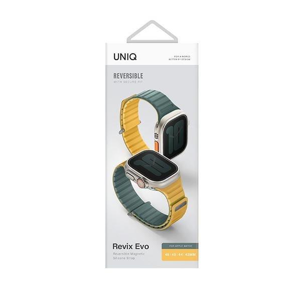 Uniq Λουράκι Apple Watch 8/9/10/11 - SE (1/2/3) - Ultra (1/2/3) – 44/45/46/49mm Revix Evo Μαγνητικό Σιλικόνης Διπλής Όψης - Green / Yellow