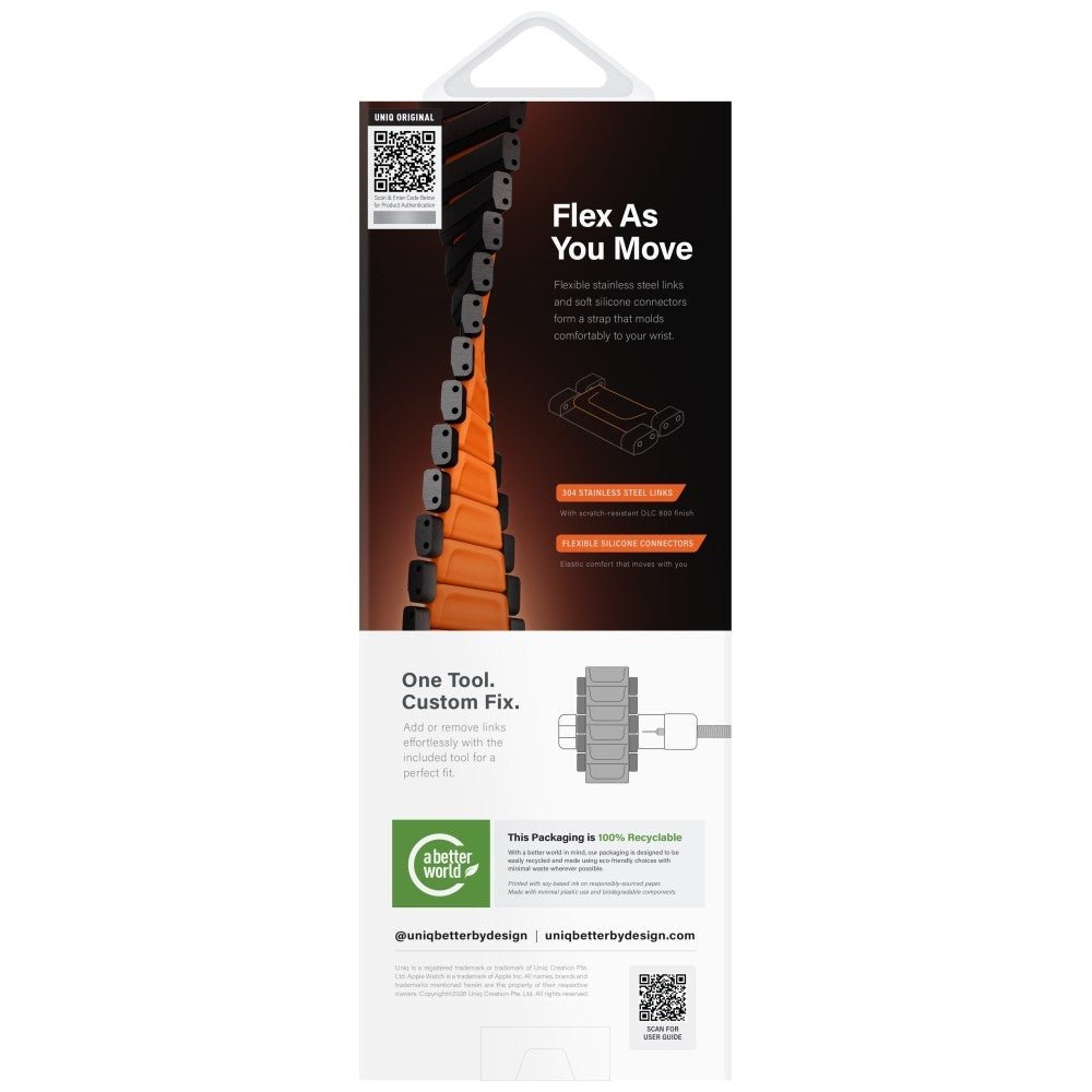Uniq Λουράκι Apple Watch 8/9/10/11 - SE (1/2/3) - Ultra (1/2/3) – 44/45/46/49mm Strova Flex από Ανοξείδωτο Ατσάλι - Black / Orange
