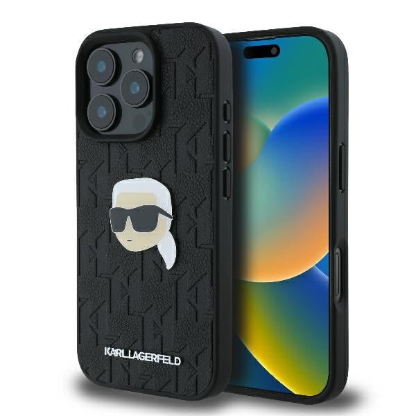 Karl Lagerfeld iPhone 16 Pro Max - Monogram Karl Head Pin Σκληρή Θήκη με Επένδυση Συνθετικού Δέρματος - Black - KLHCP16XPGKLKIPK