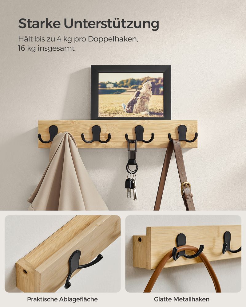 Songmics Επιτοίχια Ξύλινη Κρεμάστρα από Μπαμπού με 4 Μεταλλικούς Γάντζους και Ράφι - Natural Beige - LCR006N01