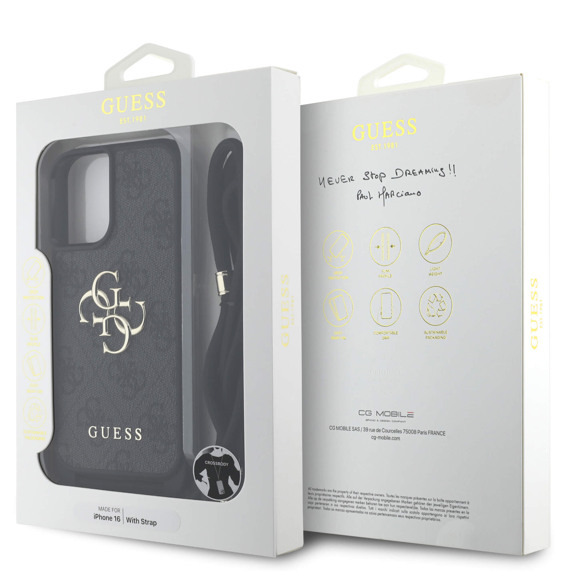 Guess iPhone 16 - 4G Big Logo Cord Stap Crossbody - Θήκη με Επένδυση Συνθετικού Δέρματος και Λουράκι - Black - GUHCP16SP4GMGCRK