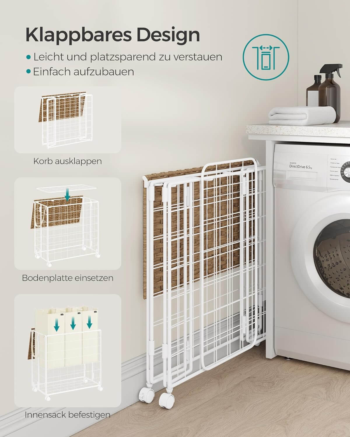 Songmics Τροχήλατο Αναδιπλούμενο Καλάθι Απλύτων με 3 Χωρίσματα και Καπάκι - 130 L - Natural Beige / Cream White - LCB313N01