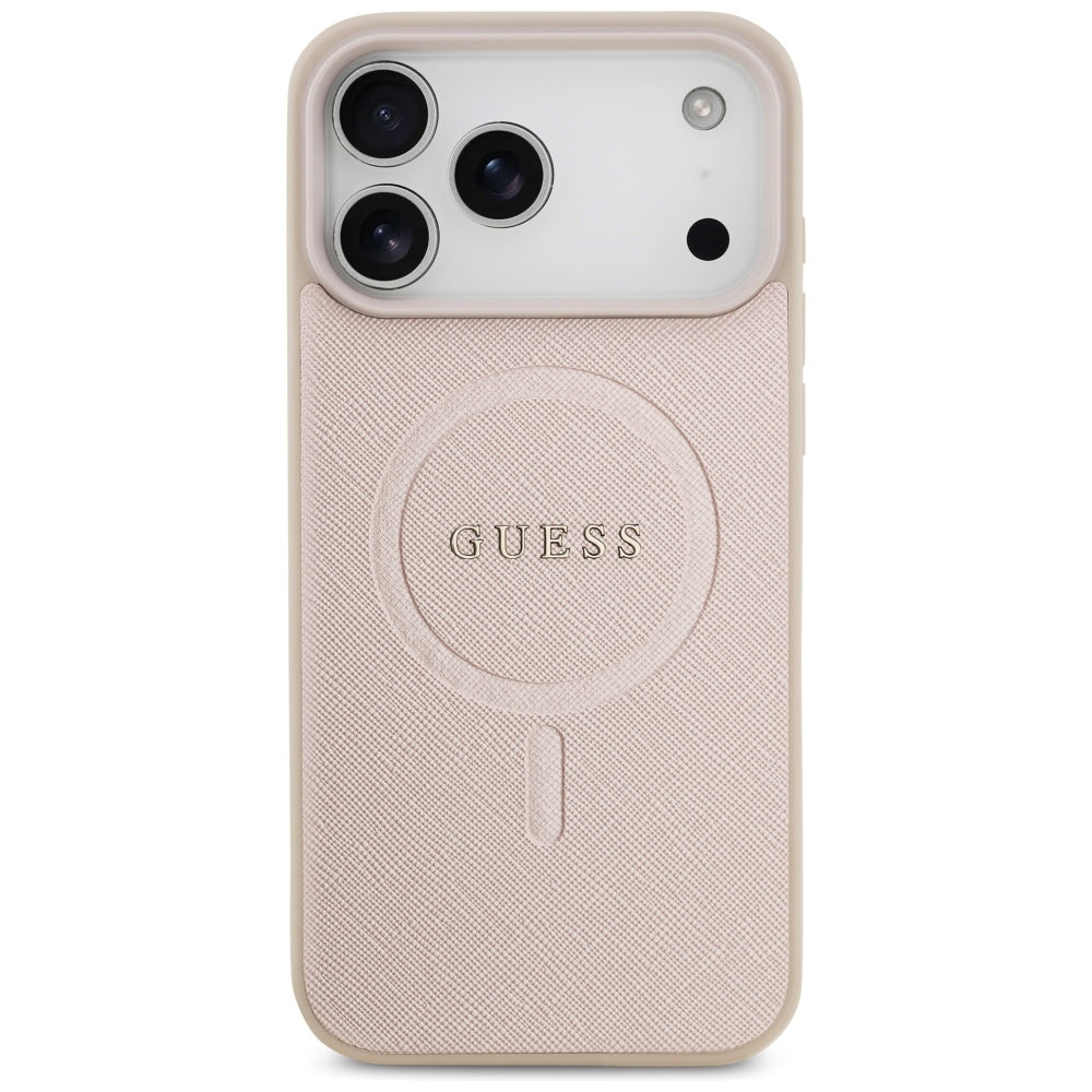Guess iPhone 17 Pro Max - Saffiano Classic Logo MagSafe - Σκληρή Θήκη με Πλαίσιο Σιλικόνης και Επένδυση Οικολογικού Δέρματος - Pink - GUHMP17XPSAHMCP