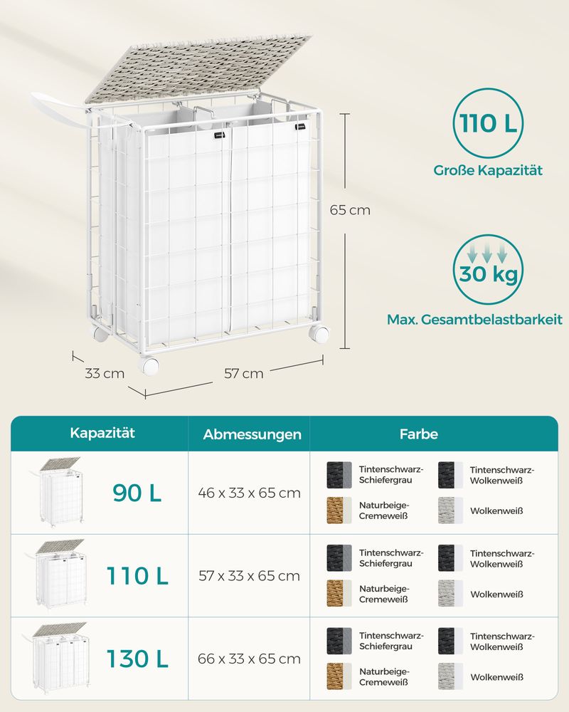 Songmics Τροχήλατο Αναδιπλούμενο Καλάθι Απλύτων με 2 Χωρίσματα και Καπάκι - 110L - Cloud White - LCB211W01