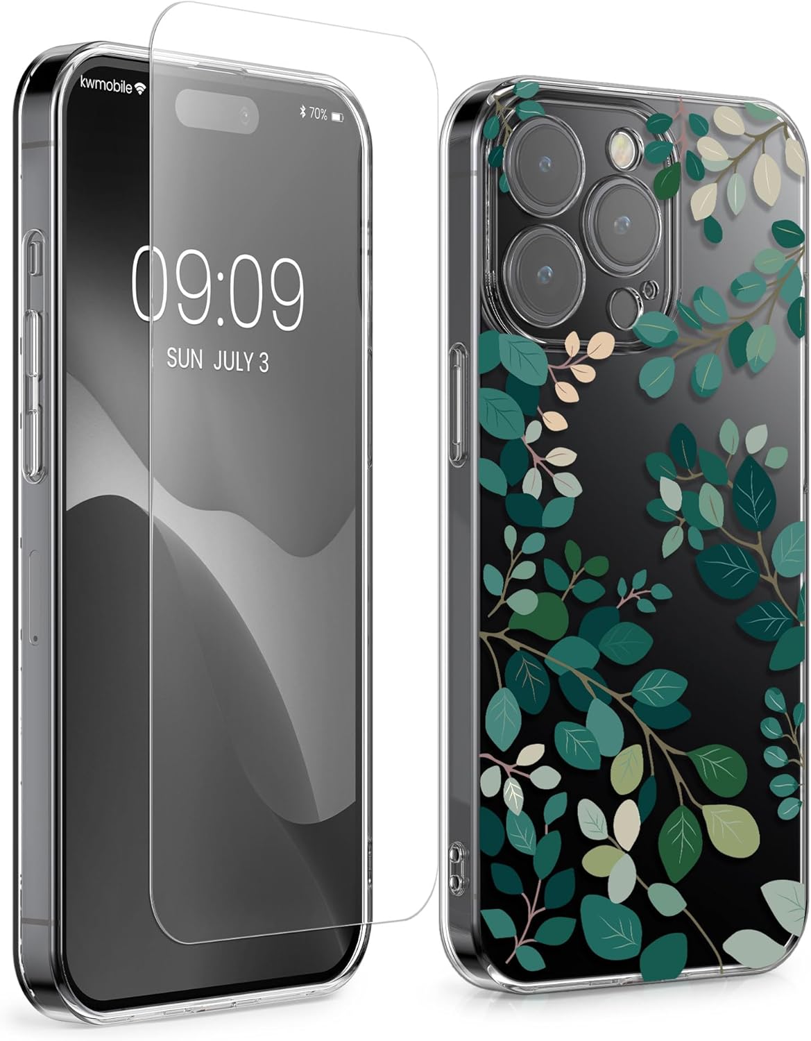 KW iPhone 15 Pro Max Θήκη Σιλικόνης TPU με Αντιχαρακτικό Γυαλί - Design Spring Leaves - Green / Διάφανη