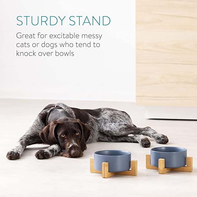 Navaris Cat Bowls with Wood Stands - Σετ με 2 Μπολ Φαγητού και Νερού με Βάση από Μπαμπού για Κατοικίδια - 850ml - Matte Blue / Brown - 48350.04