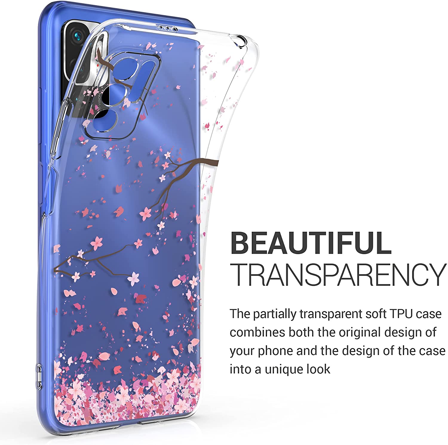 KW Xiaomi Redmi Note 10 5G / Poco M3 Pro 5G Θήκη Σιλικόνης TPU Design Cherry Blossom Leaves - Pink / Dark Brown - Διάφανη - 54950.01