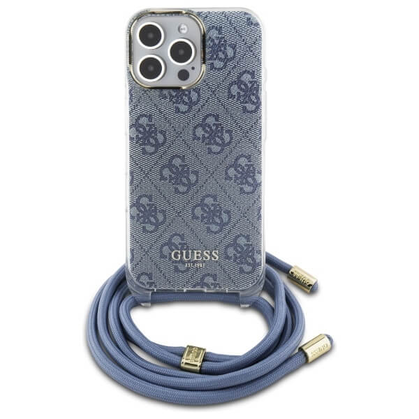 Guess iPhone 16 Pro Max - Crossbody Cord 4G Print - Σκληρή Θήκη με Πλαίσιο Σιλικόνης και Λουράκι - Blue - GUHCP16XHC4SEB