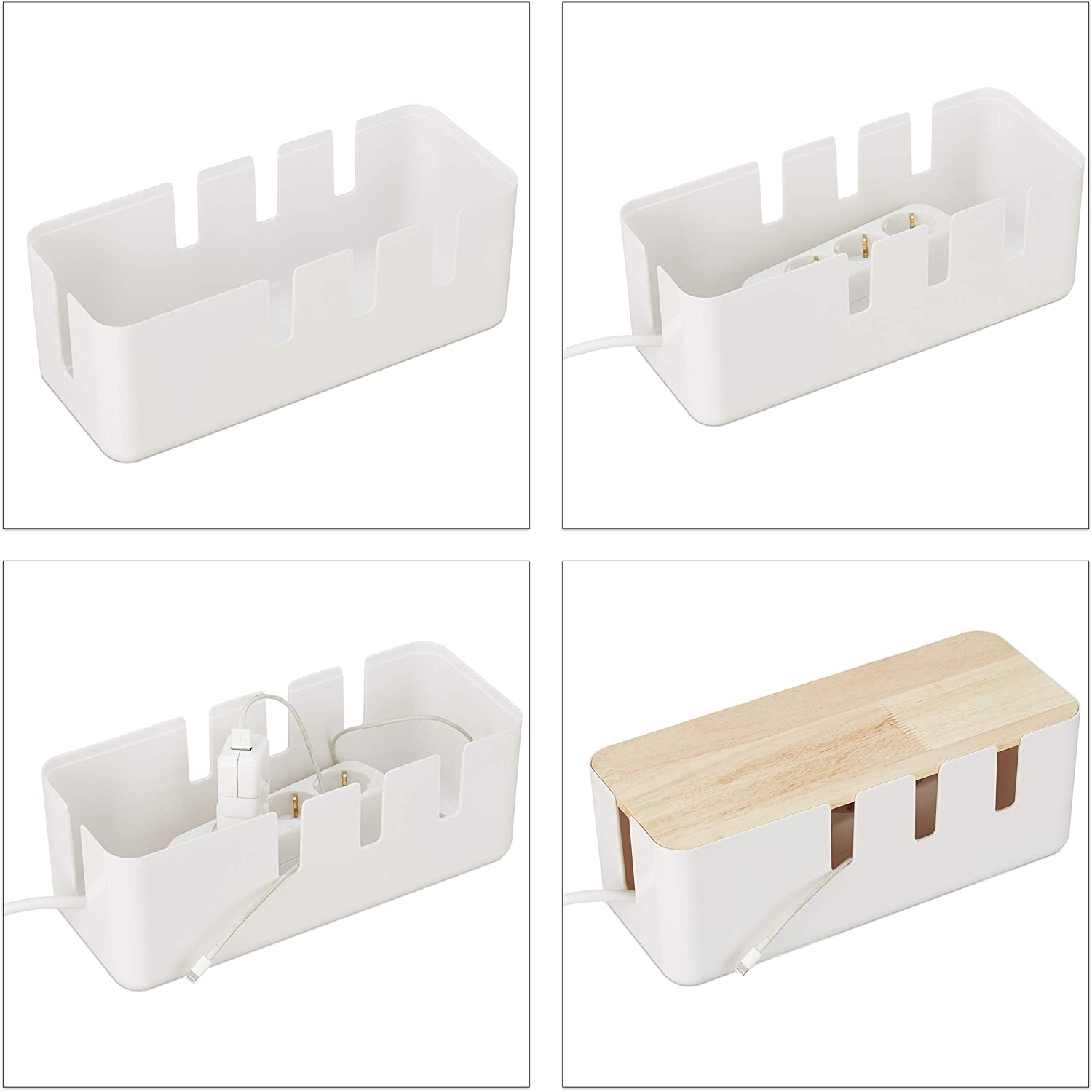 Relaxdays Πλαστικό Κουτί Καλωδίων με Καπάκι από Bamboo - White / Natural - 4052025306991