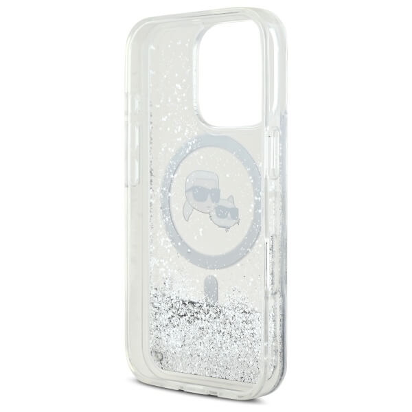 Karl Lagerfeld iPhone 16 Pro Max - Liquid Glitter Karl and Choupette Head - MagSafe Σκληρή Θήκη με Πλαίσιο Σιλικόνης - Διάφανη - KLHMP16XLGKCSGH