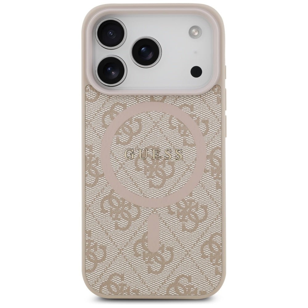 Guess iPhone 17 Pro - 4G Ring Classic Logo MagSafe - Σκληρή Θήκη με Πλαίσιο Σιλικόνης και Επένδυση Συνθετικού Δέρματος - Pink - GUHMP17LG4GFRP
