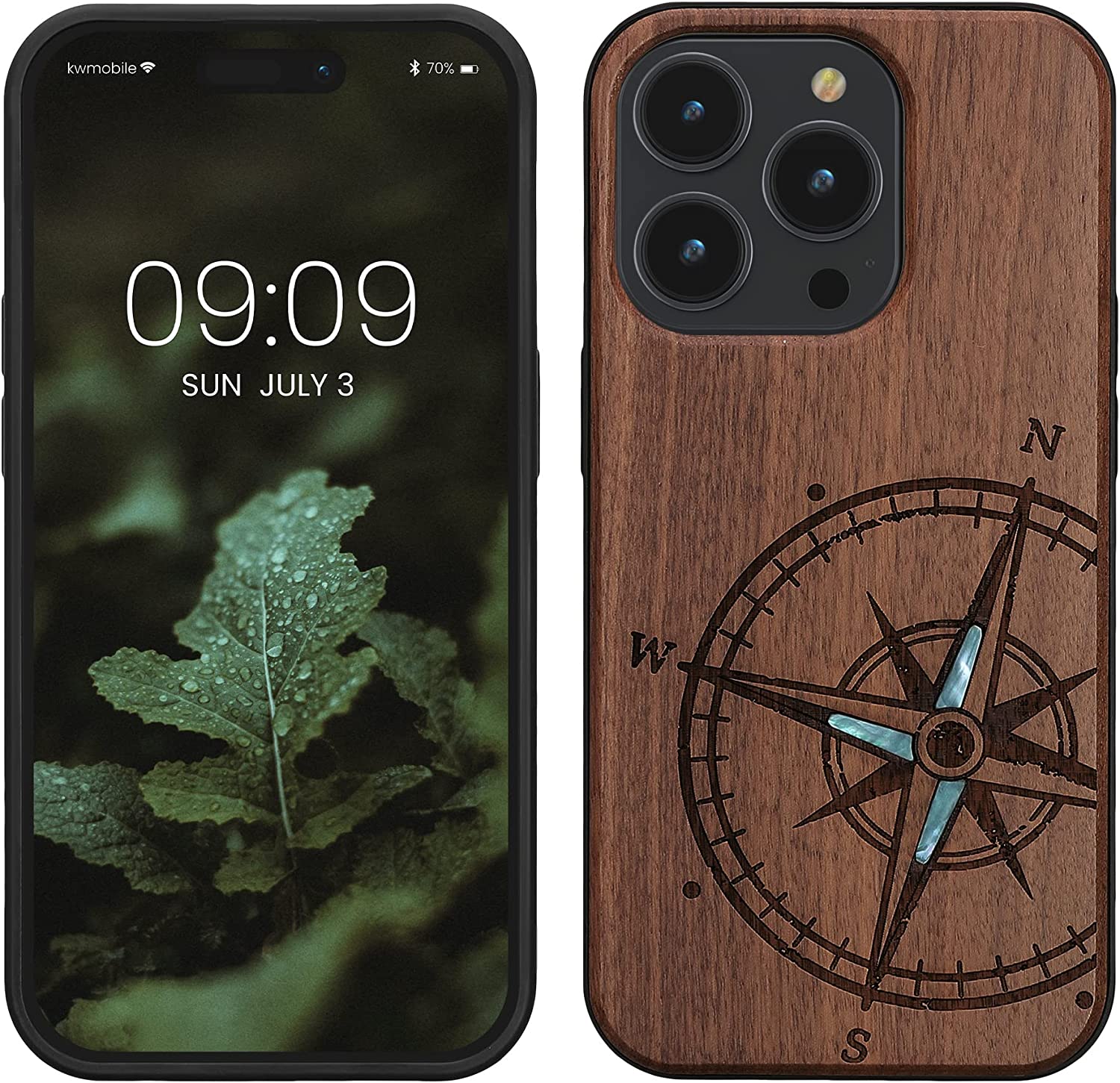 KW iPhone 14 Pro Θήκη από Φυσικό Ξύλο - Design Navigational Compass Mother of Pearl - Dark Brown - 59126.06
