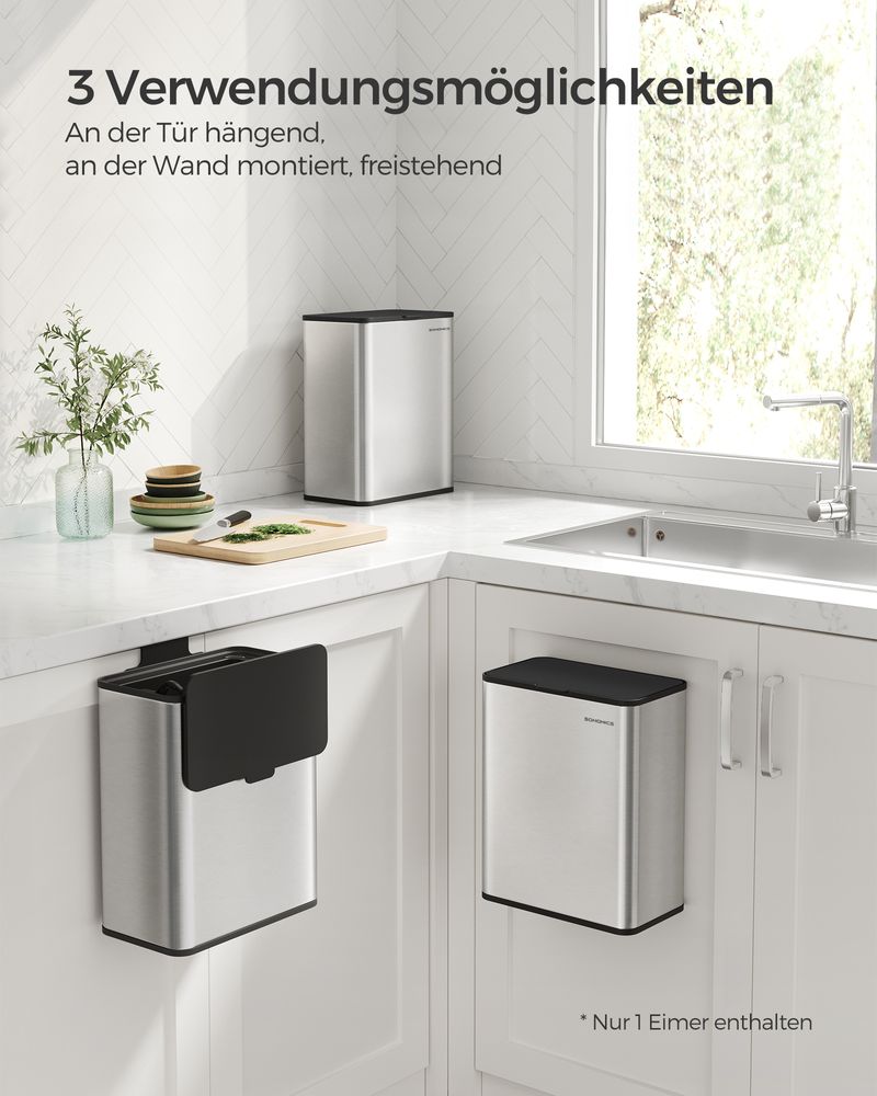 Songmics Κρεμαστός Κάδος Απορριμμάτων για Ντουλάπι από Ατσάλι και Πλαστικό Καπάκι - 8L - Metallic Silver - LTB810E08
