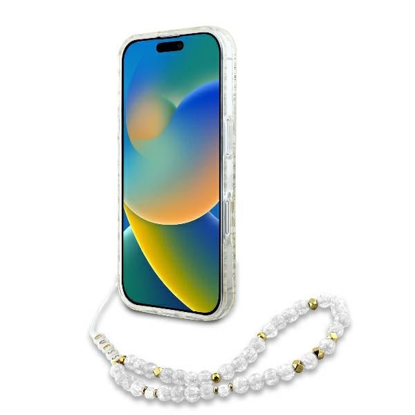 Guess iPhone 16 Plus - IML Flowers Allover Electro With Pearl Strap MagSafe - Σκληρή Θήκη με Πλαίσιο Σιλικόνης και Λουράκι - White / Διάφανη - GUHMP16MHCPOFPH