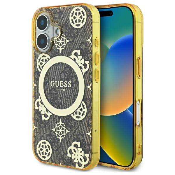 Guess iPhone 16 - IML Peony On 4G Background MagSafe - Θήκη με Επένδυση Συνθετικού Δέρματος - Brown - GUHMP16SH4PYEEW