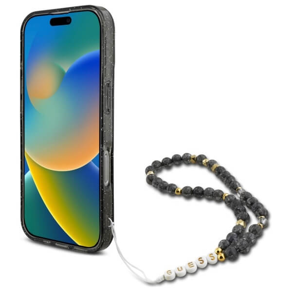 Guess iPhone 16 Pro - IML Glitter With Pearl Strap MagSafe - Σκληρή Θήκη με Πλαίσιο Σιλικόνης και Λουράκι - Black - GUHMP16LHGCRELSK