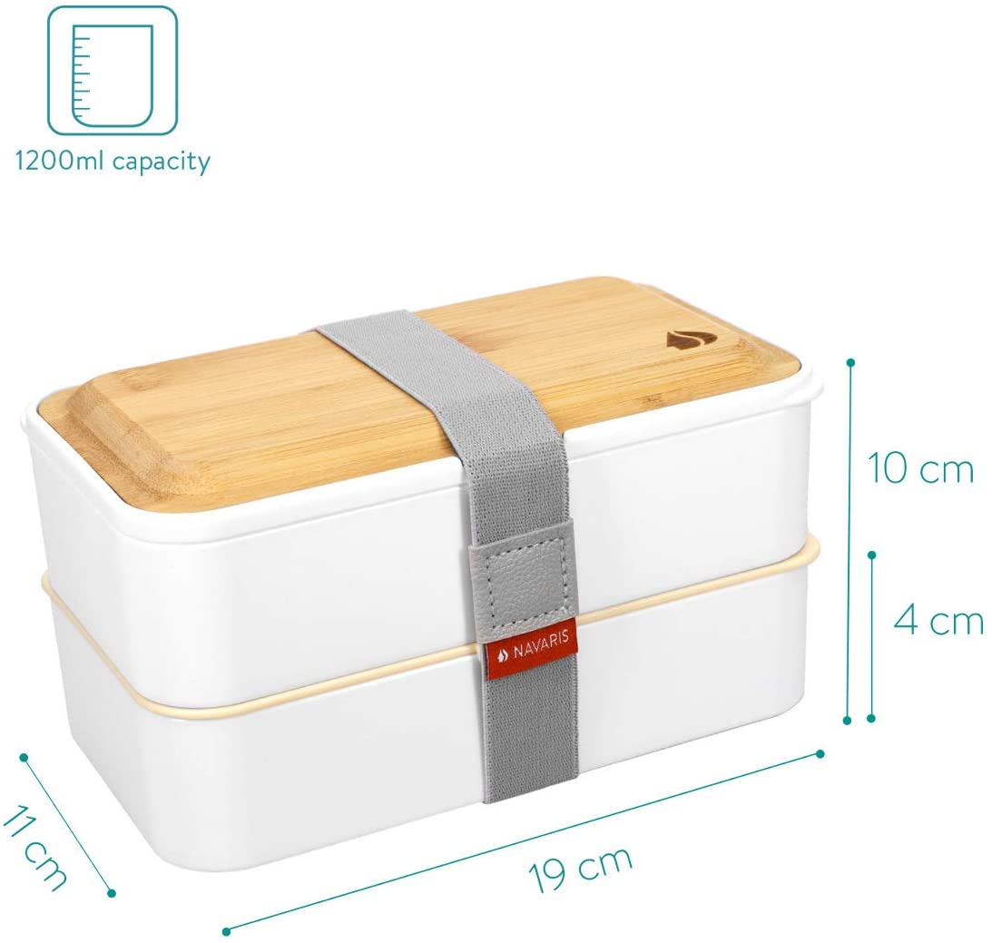 Navaris Bento Box Set Δύο Δοχεία Φαγητού με Μαχαιροπίρουνα και Καπάκι από Μπαμπού - 1.2L - White - 47407.01.16