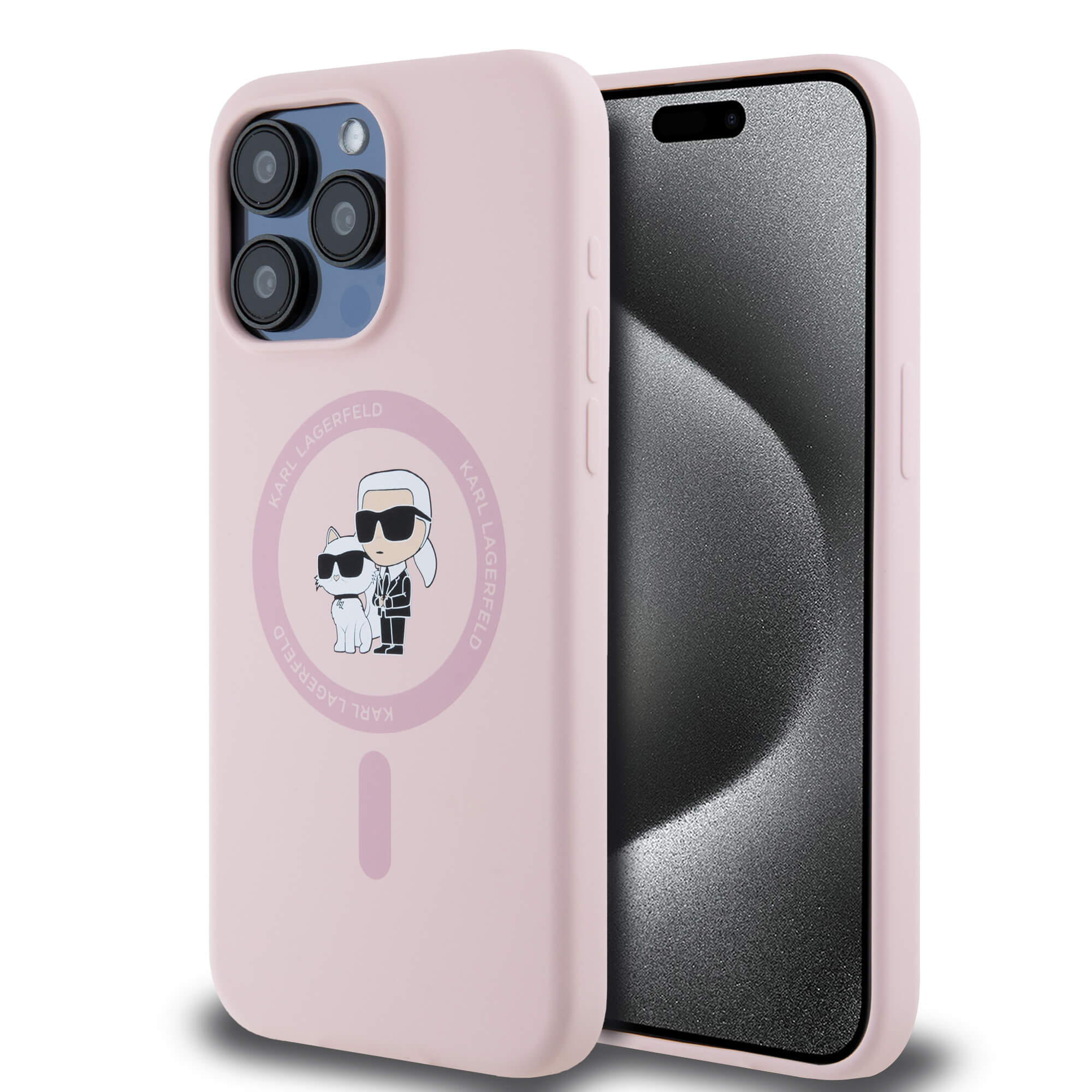 Karl Lagerfeld iPhone 15 Pro Max - Silicone Karl and Choupette - Θήκη Σιλικόνης με MagSafe - Pink - KLHMP15XSCMKCRHP