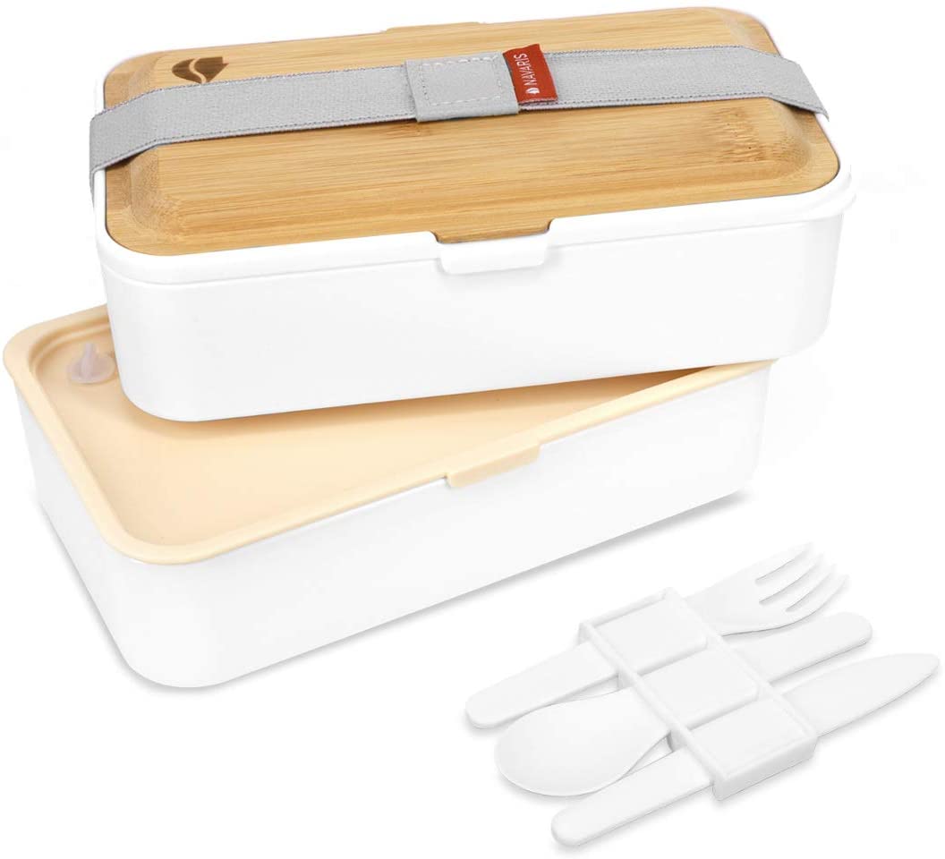 Navaris Bento Box Set Δύο Δοχεία Φαγητού με Μαχαιροπίρουνα και Καπάκι από Μπαμπού - 1.2L - White - 47407.01.16