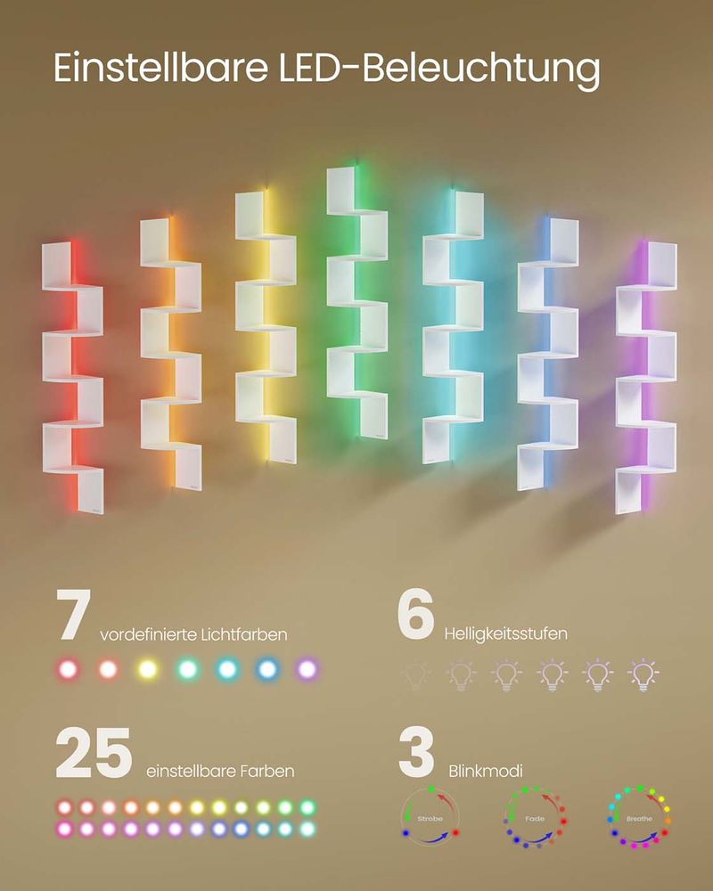 Vasagle Επιτοίχια Γωνιακή Ραφιέρα με LED Φωτισμό - 20 x 20 x 126 cm - Matte white - LBC630W01