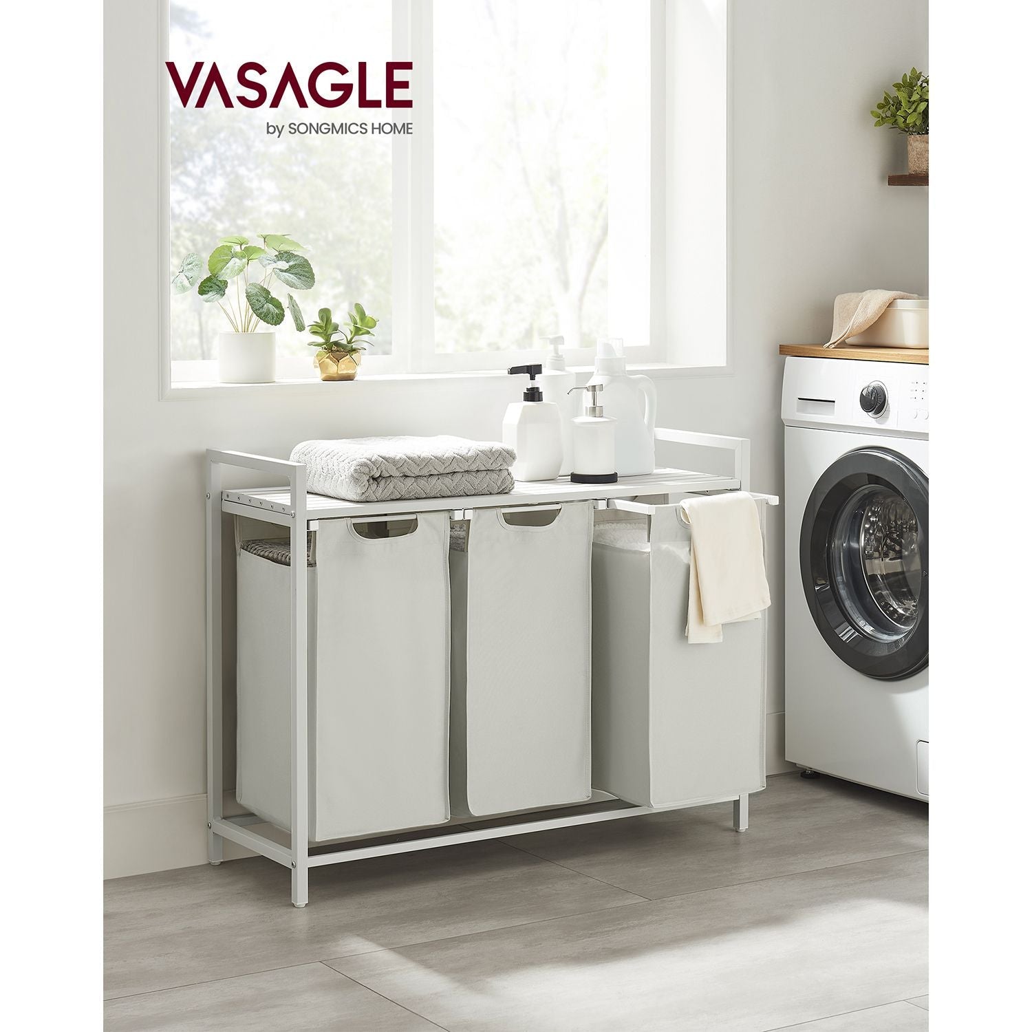 Vasagle Καλάθι Απλύτων με 3 Διαμερίσματα και Ράφι - 114L - White - BLH301W01