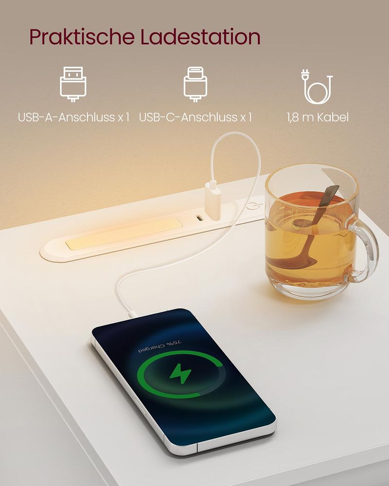 Vasagle Κομοδίνο με LED Φωτισμό με Θύρες USB / Type - C και Συρτάρι - Cloud White - LET610W01