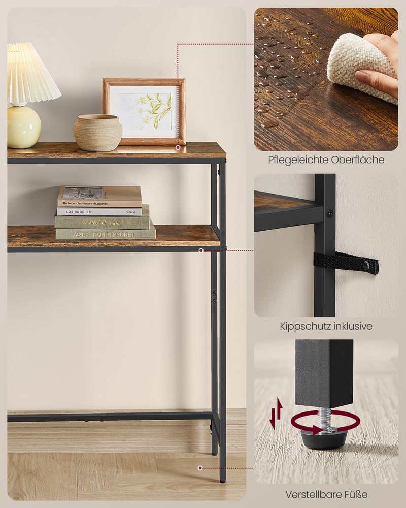 Vasagle Κονσόλα 2 Επιπέδων με Σταθμό Φόρτισης - 20 x 80 x 80 cm - Vintage Brown / Ink Black - LNT135KD01