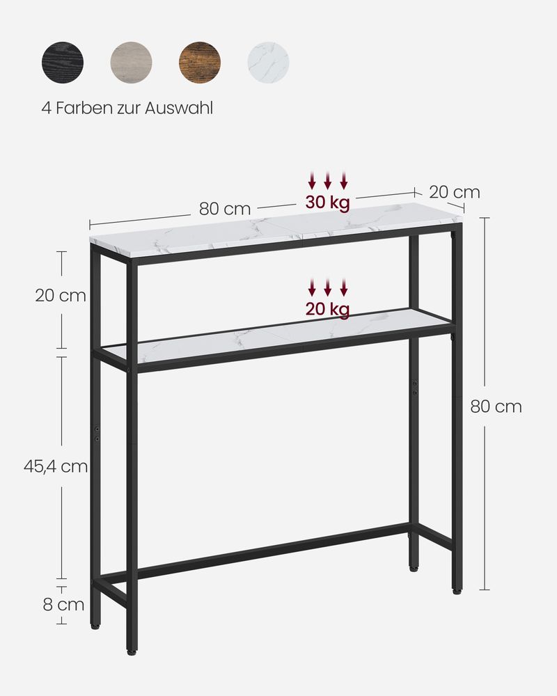 Vasagle Στενή Κονσόλα 2 Επιπέδων - 20 x 80 x 80 cm - Marble White / Ink Black - LNT130W59V1