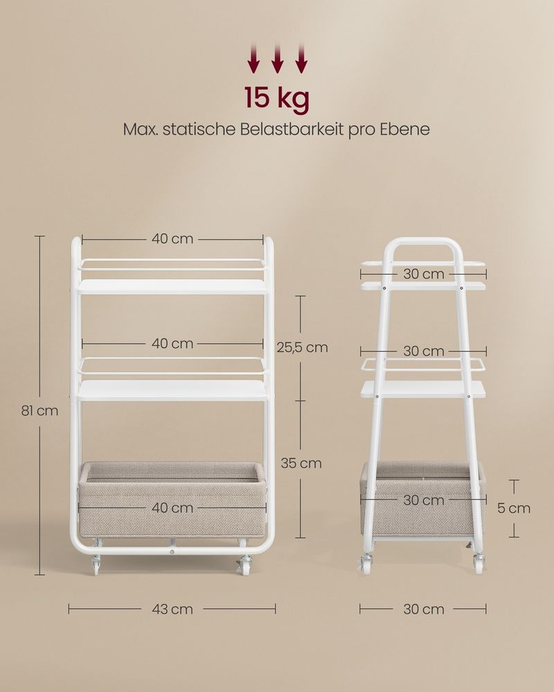 Vasagle Τρόλεϊ 3 Επιπέδων με Υφασμάτινο Καλάθι - 43 x 30 x 81 cm - Cloud White / Camel Brown - LRC001WB01