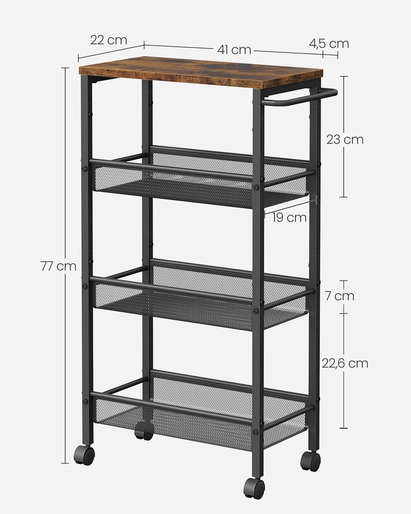 Vasagle Τρόλεϊ Οργάνωσης και Αποθήκευσης - 22 x 45.5 x 77 cm - Vintage Brown / Black - LRC033B01