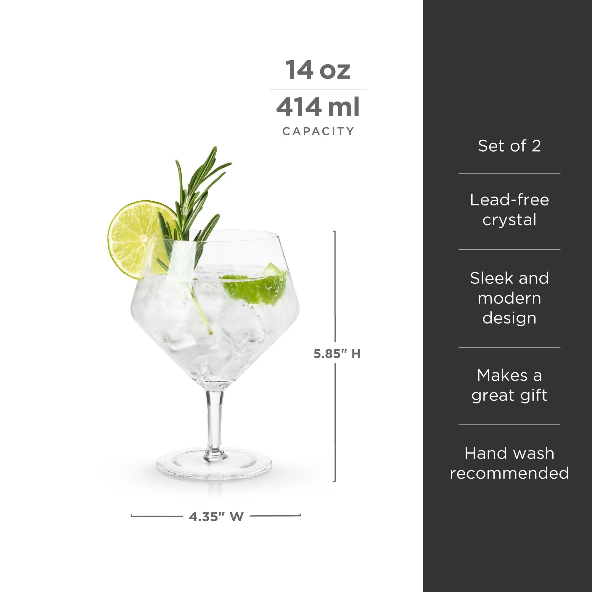 Viski Σετ με 2 Κρυστάλλινα Ποτήρια για Gin Tonic / Cocktail - 415 ml - Raye Angled