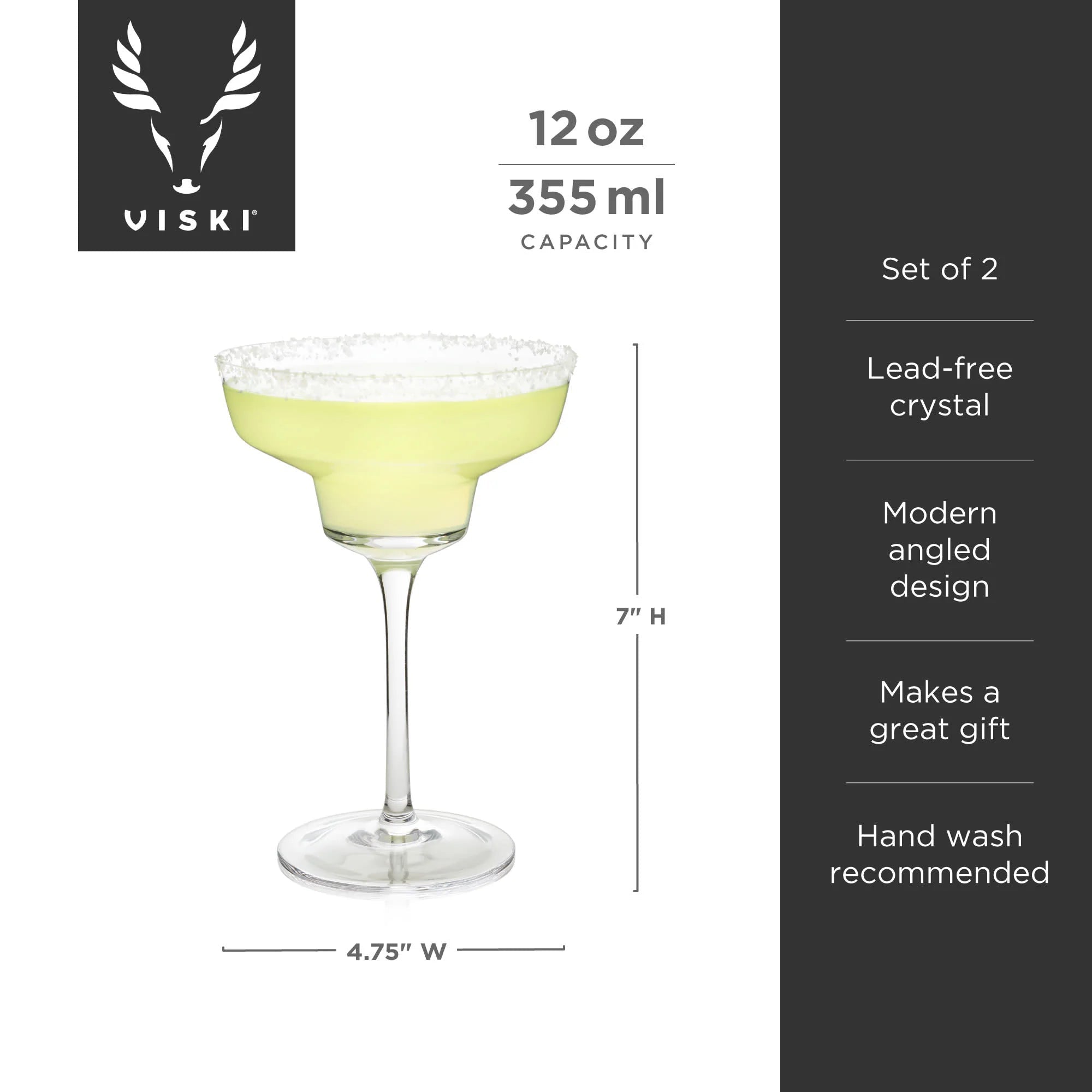 Viski Σετ με 2 Κρυστάλλινα Ποτήρια Margarita - 355 ml - Raye Angled