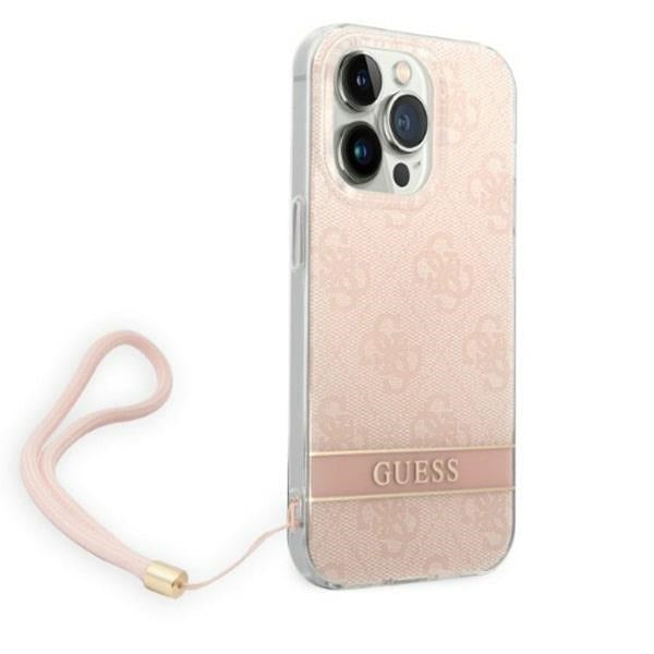 Guess iPhone 14 Pro 4G Print Strap Σκληρή Θήκη με Πλαίσιο Σιλικόνης και Λουράκι - Pink - GUOHCP14LH4STP