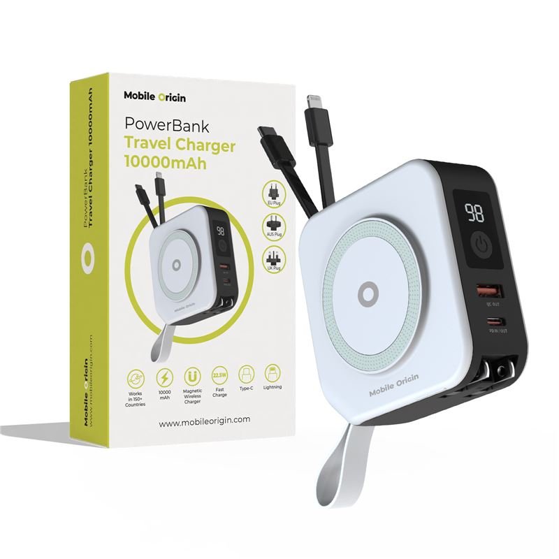 Mobile Origin Powerbank 10000mAh & Φορτιστής Ταξιδίου 15W με Ενσωματωμένα Καλώδια Lightning και Type - C - White