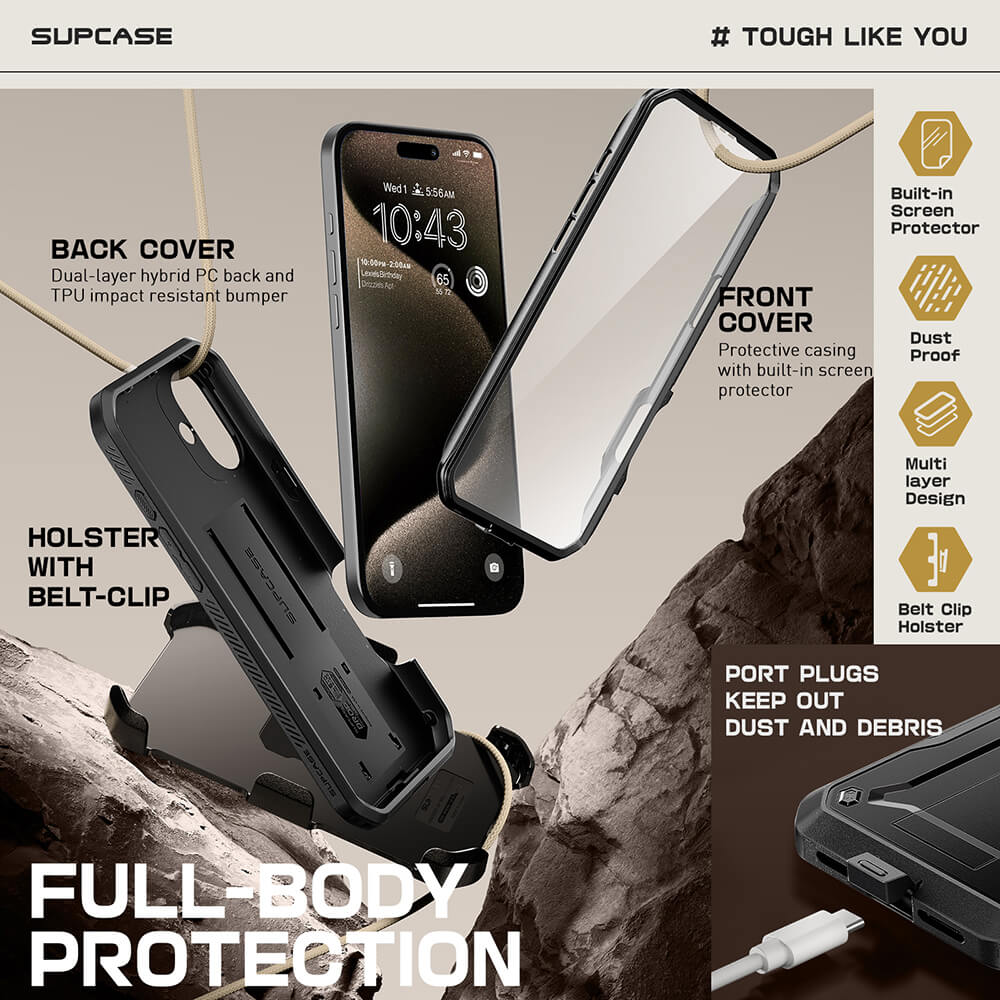 Supcase iPhone 16 Plus Unicorn Beetle Pro Σκληρή Θήκη με Προστασία Οθόνης και Stand - Black