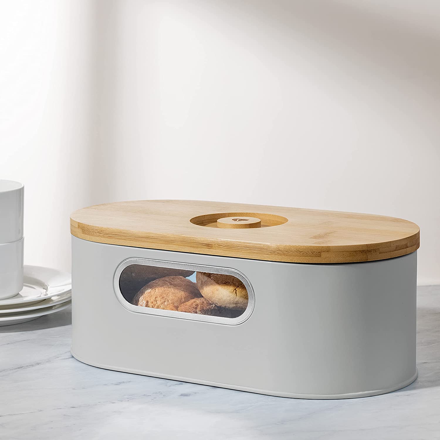 Navaris Bread Bin with Bamboo Lid Δοχείο Αποθήκευσης Ψωμιού με Καπάκι από Μπαμπού - Taupe / Bamboo - 50595.03